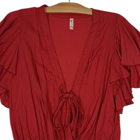 Free People Call Me Later Ruffled Thong Bodysuit Tiered Boho Fairy Rust Red sz S - Picture 10 of 10